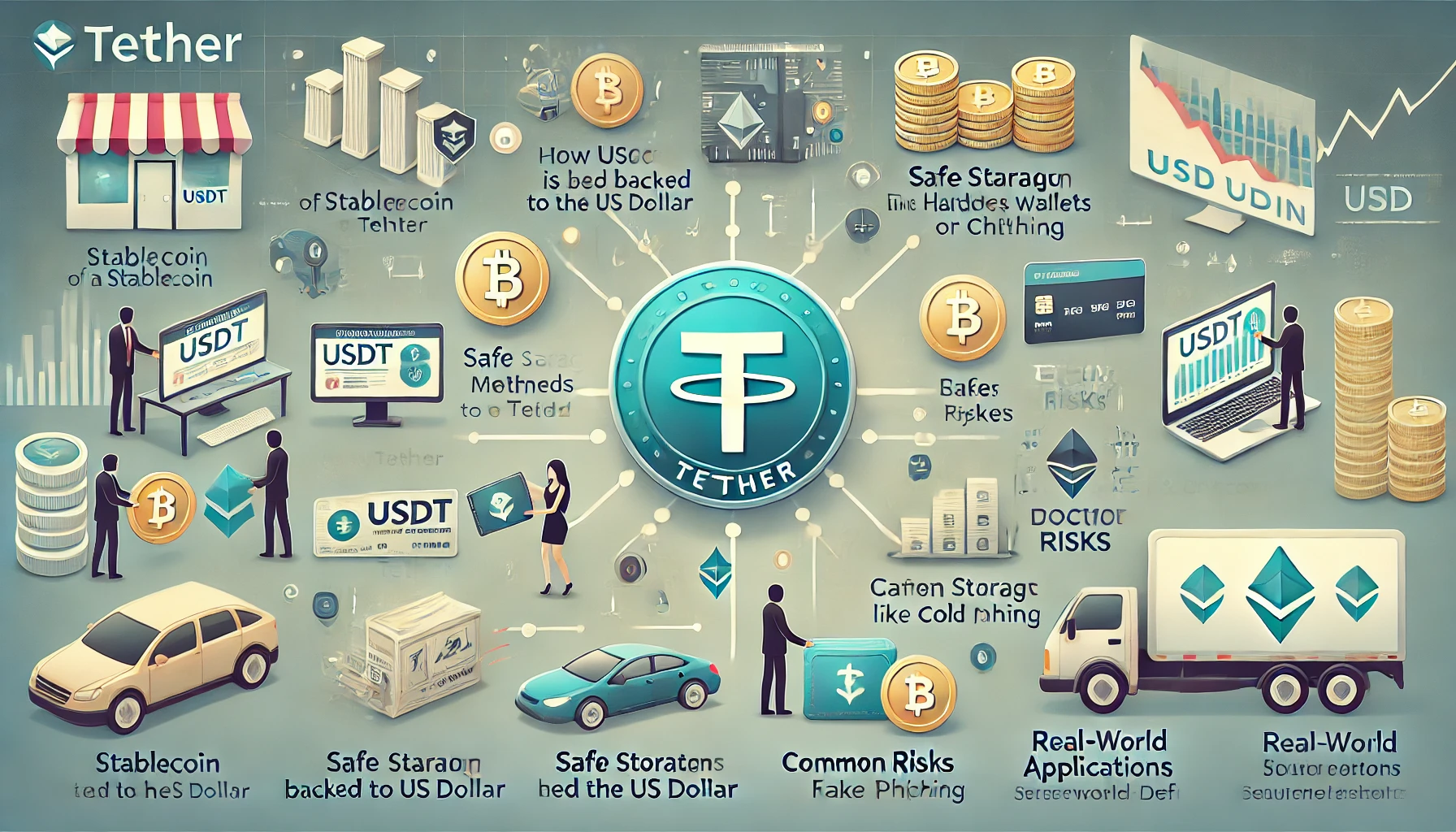 USDT（Tether）穩定幣應用全景圖，涵蓋錨定美元原理、去中心化儲存方式、風險因子與真實世界應用場景。