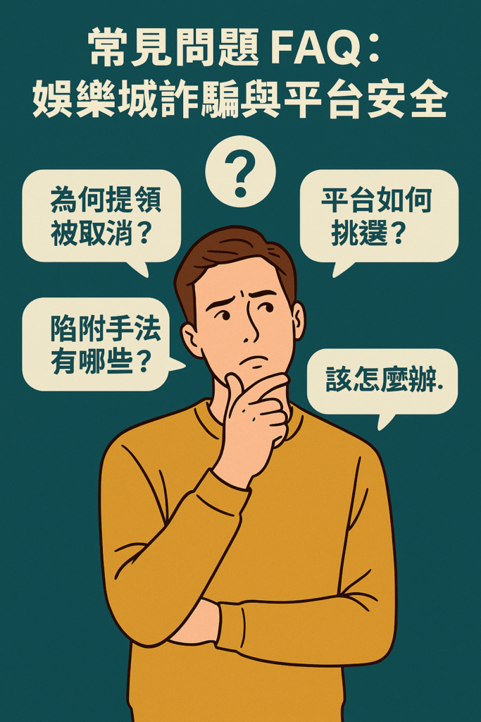 常見娛樂城詐騙與平台安全疑問懶人包,包含提領取消、平台挑選與陷阱手法等問題